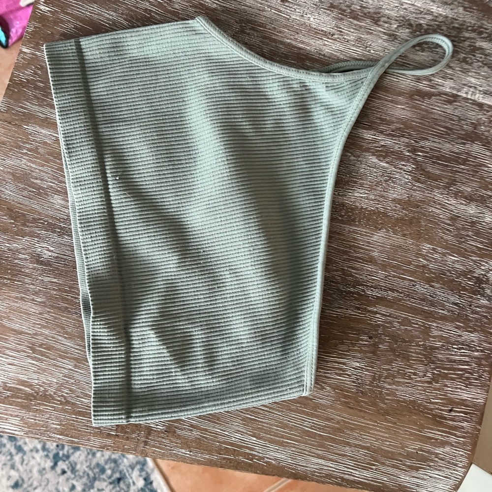 Sage Green Ribbed One-Shoulder Top